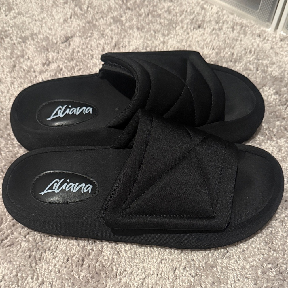Liliana Quilted Black Slide Sandals - Picture 2 of 4